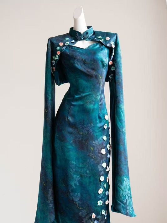 Teal Silk Qipao with Embroidered Long-Sleeve Overlay – Teal Blossom
