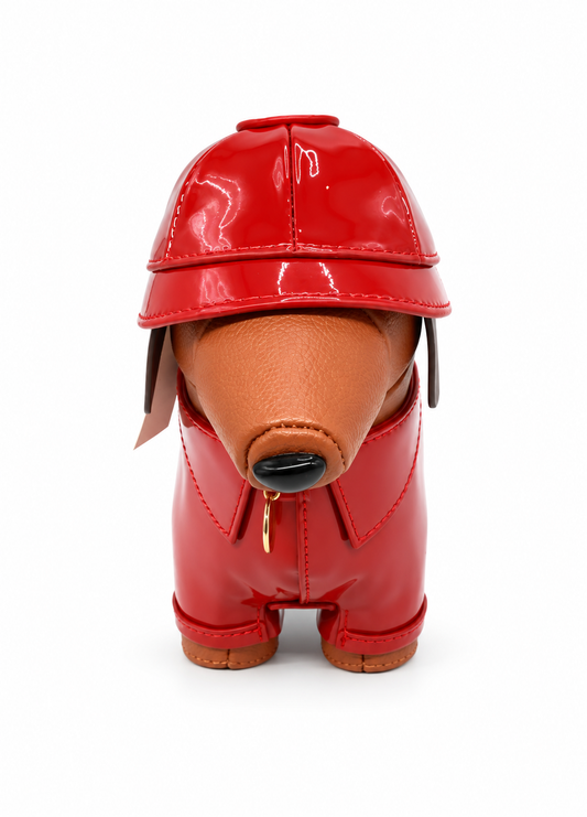 red sausage dog bag front view
