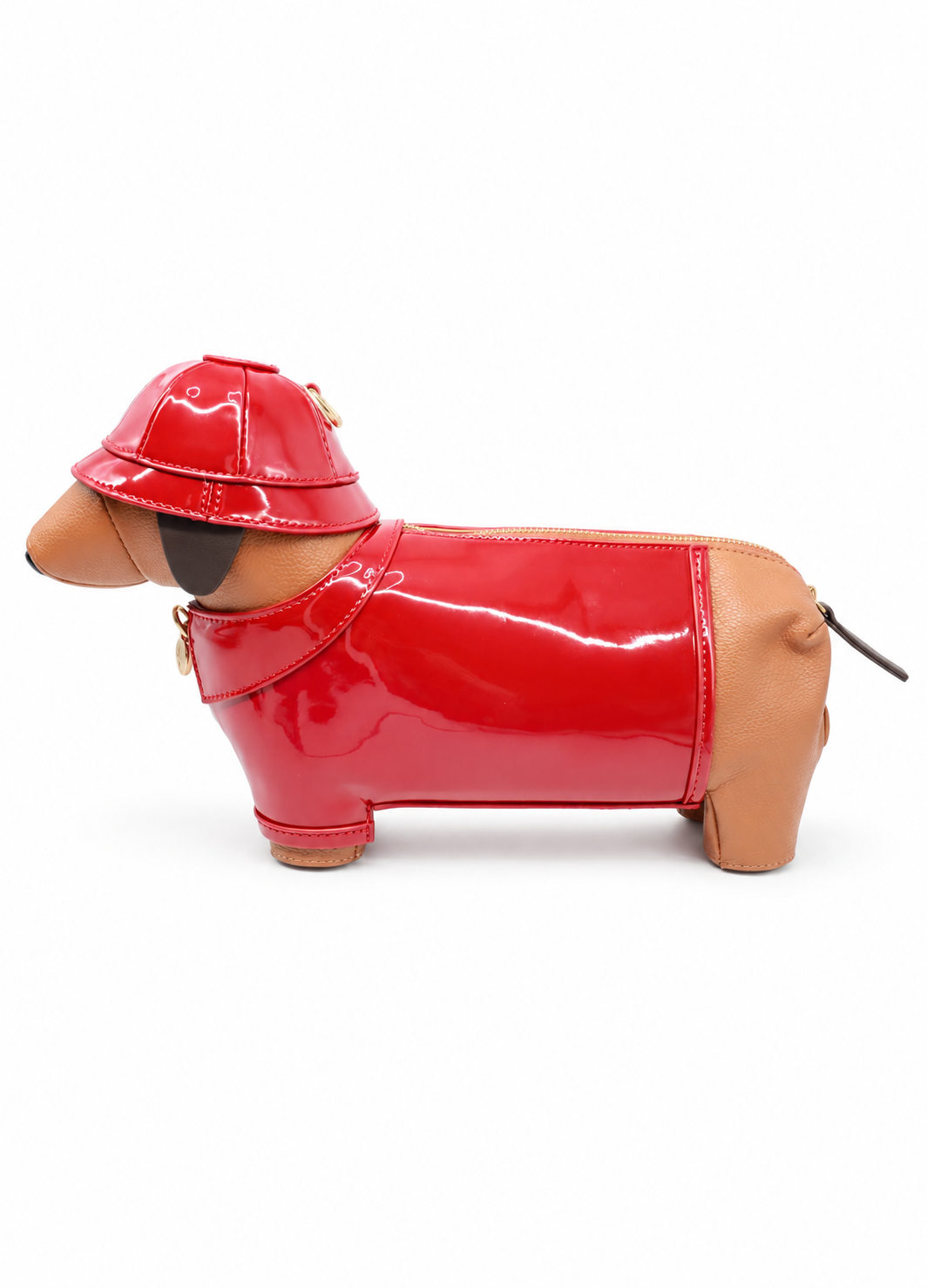 red sausage dog bag side view