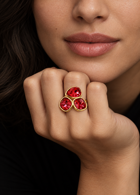 ruby red crystal trio ring on hand