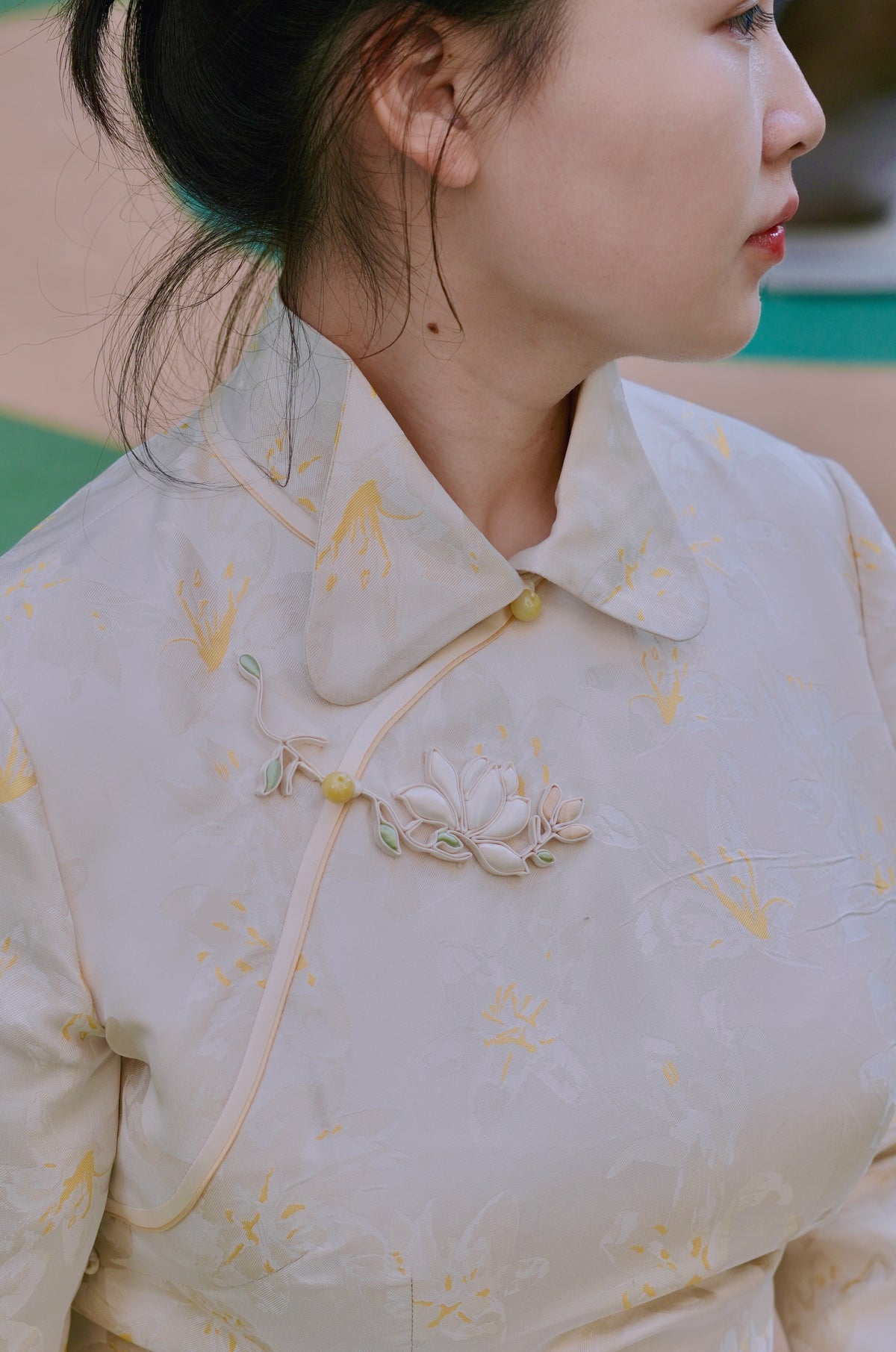 Song Brocade Silk Qipao with Narcissus and Lily Motifs