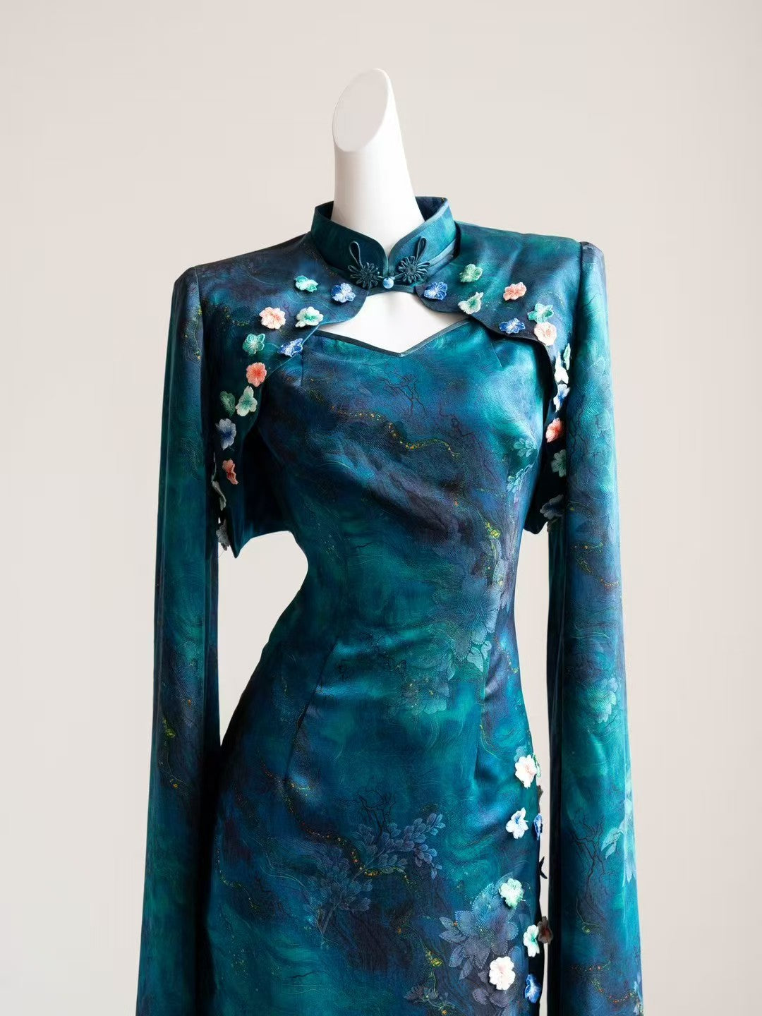 Teal Silk Qipao with Embroidered Long-Sleeve Overlay – Teal Blossom