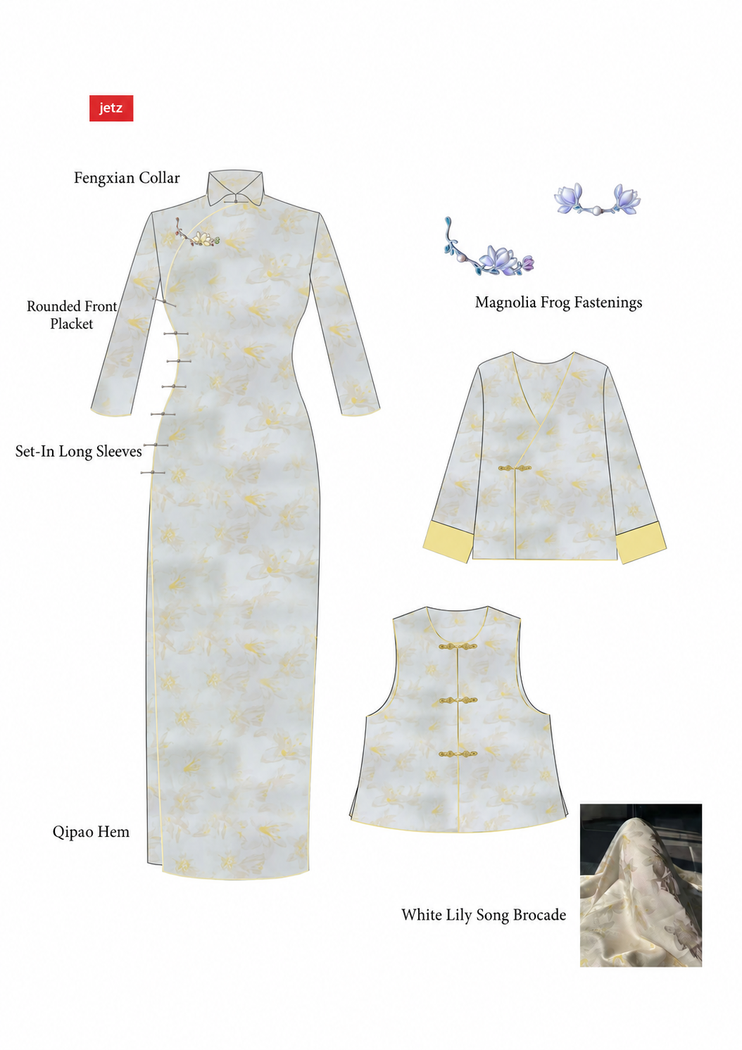 Song Brocade Silk Qipao with Narcissus and Lily Motifs