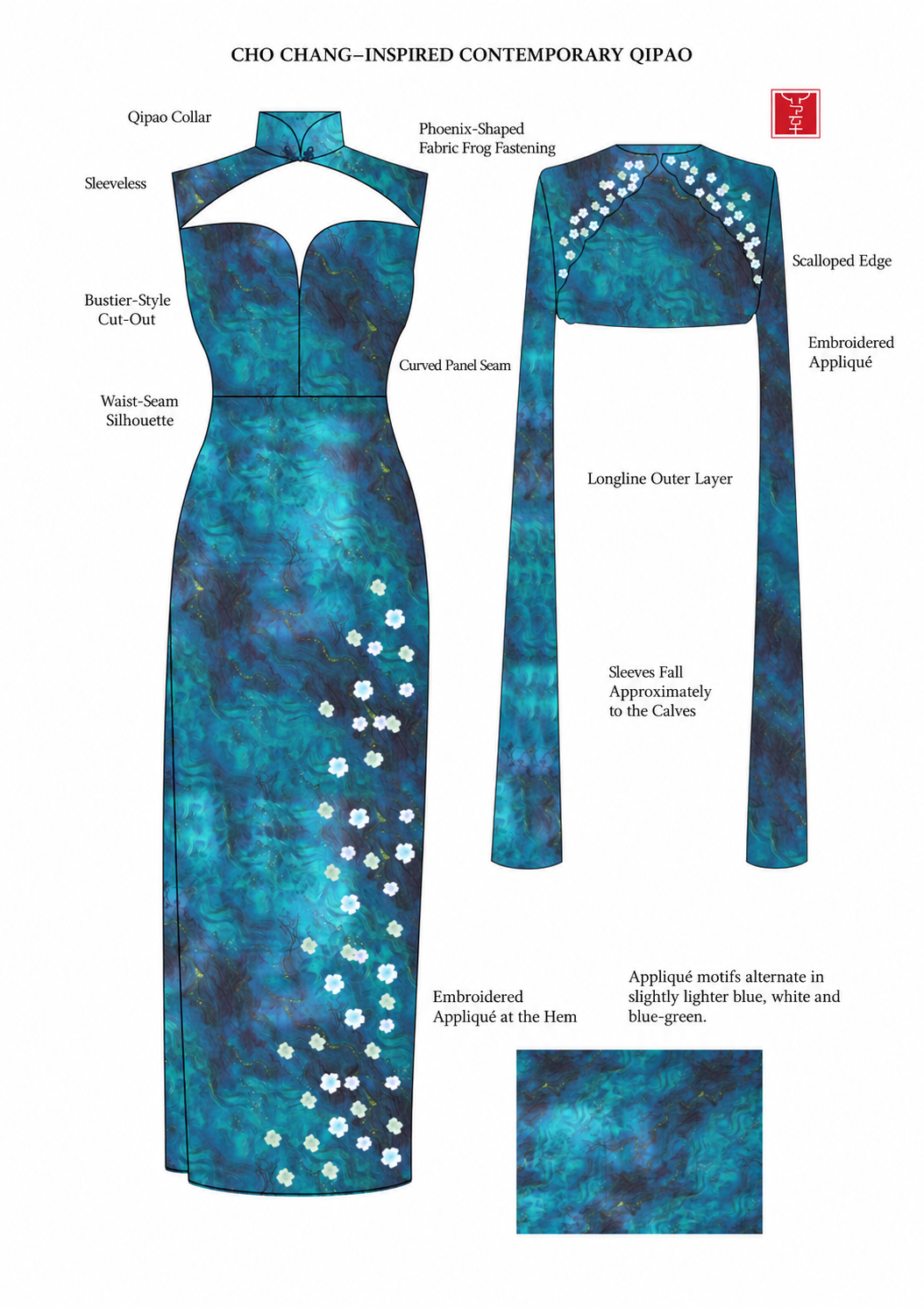 Teal Silk Qipao with Embroidered Long-Sleeve Overlay – Teal Blossom