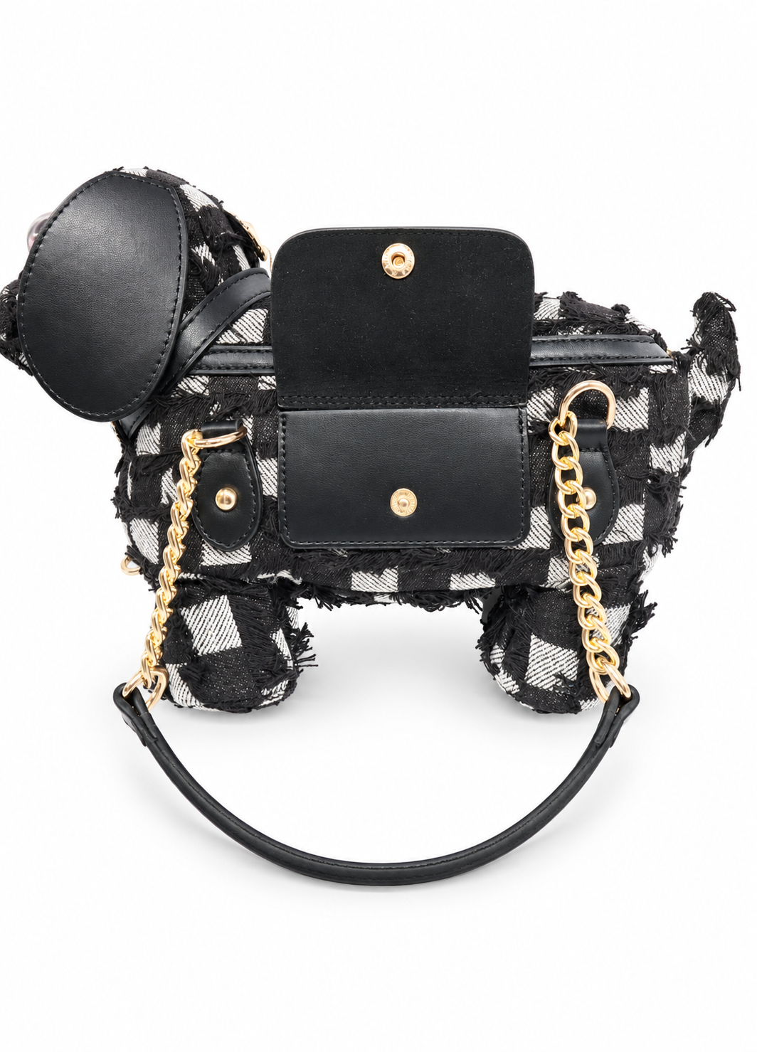 black denim sausage dog bag side view