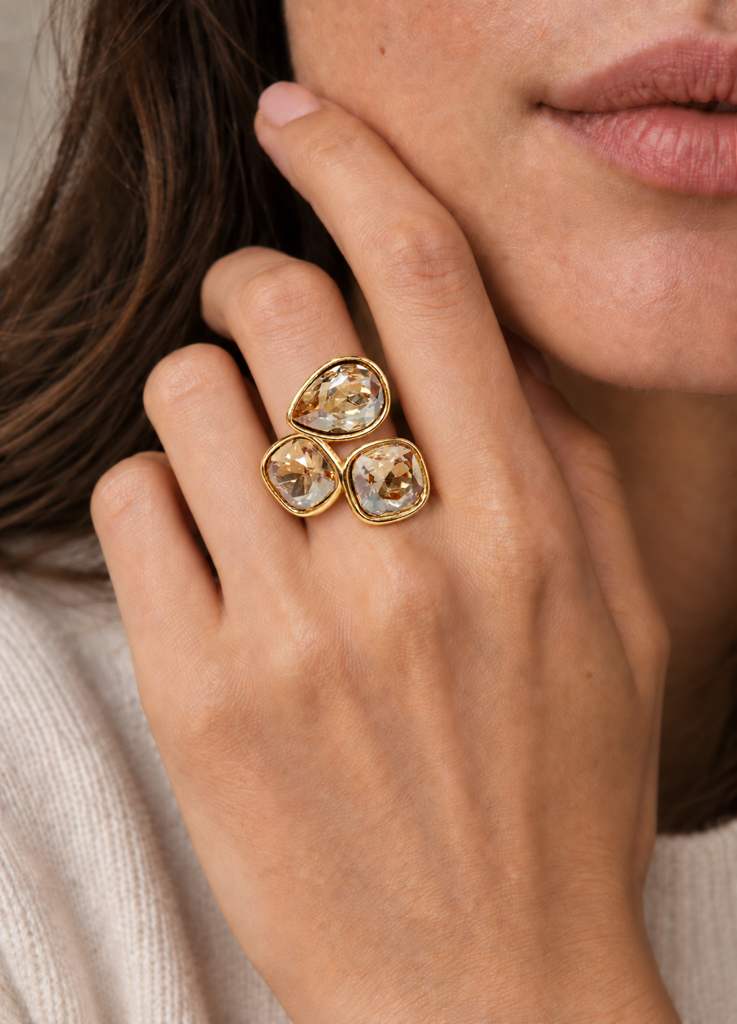 champagne crystal trio ring on hand