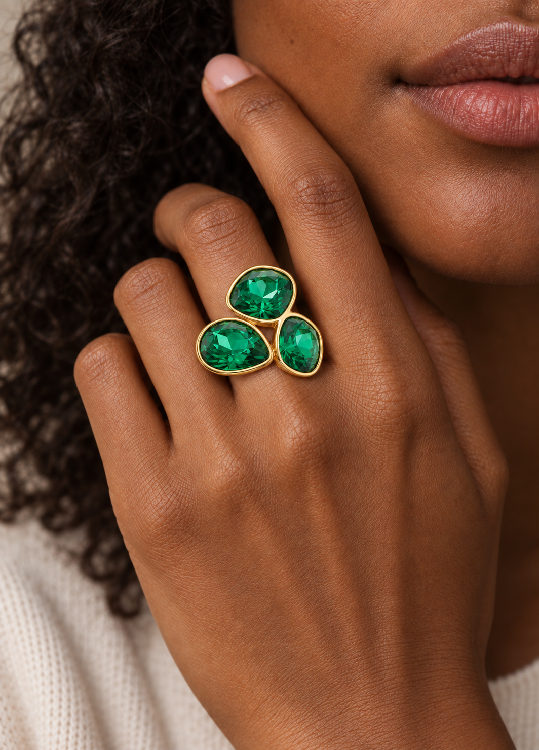 emerald green crystal trio ring on hand