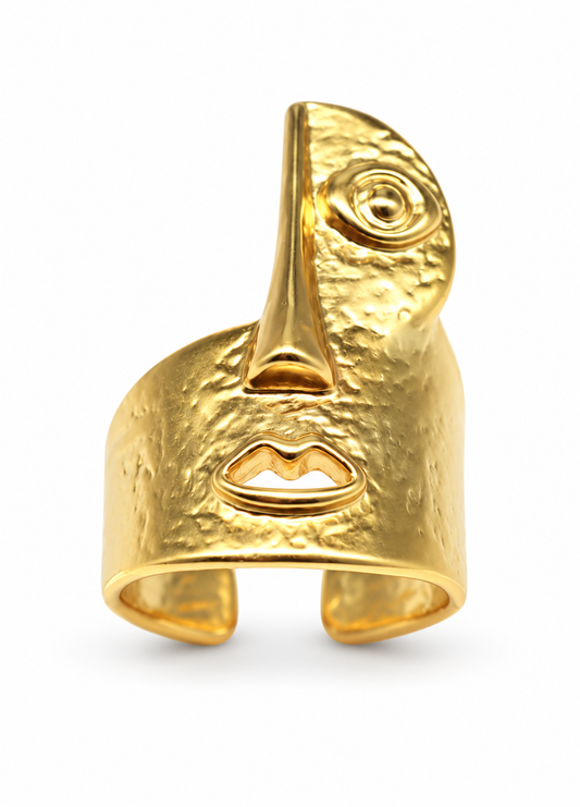 gold hammered abstract face statement ring main view