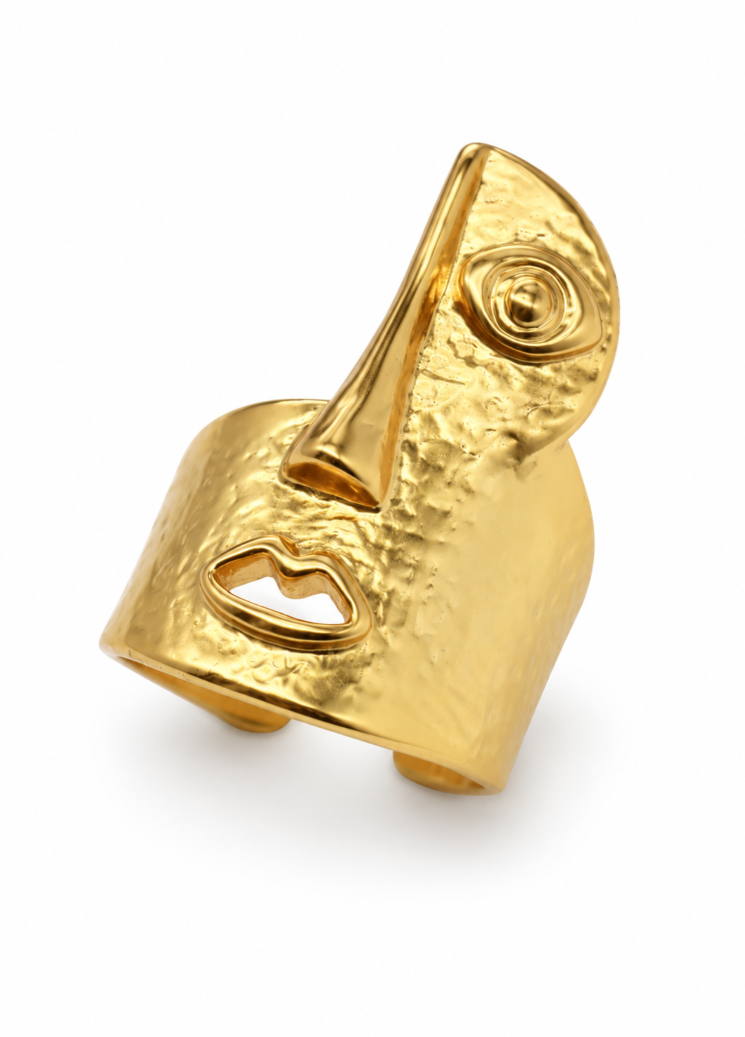 gold hammered abstract face statement ring side view