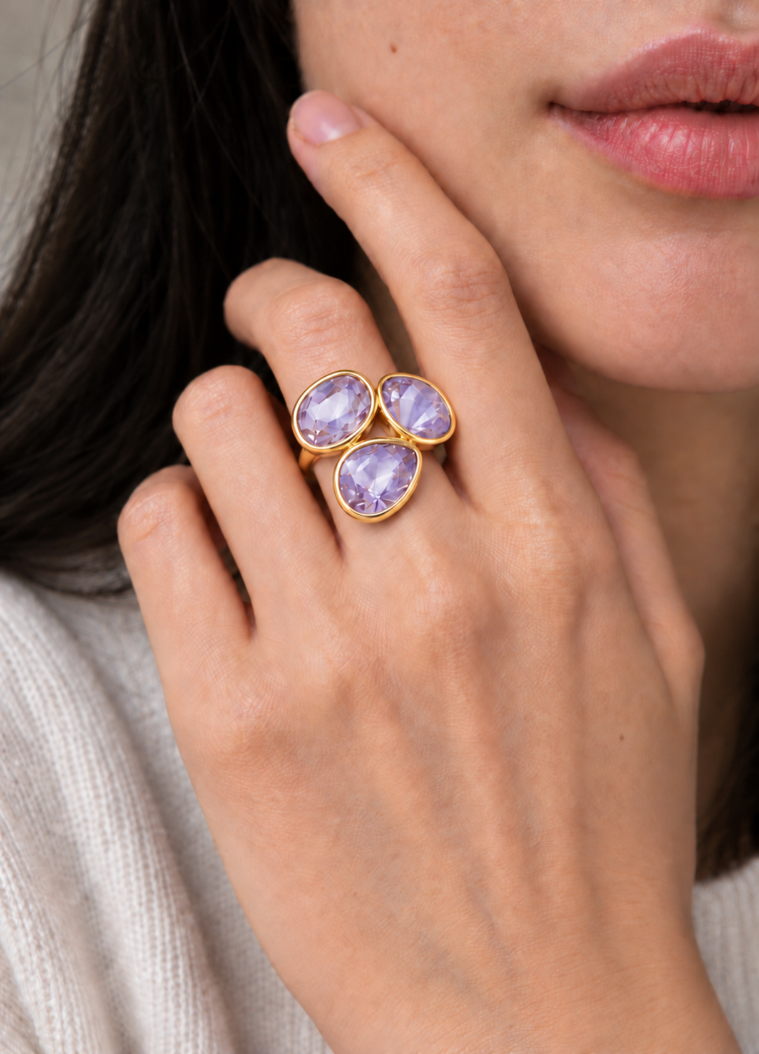 lavender crystal trio ring on hand