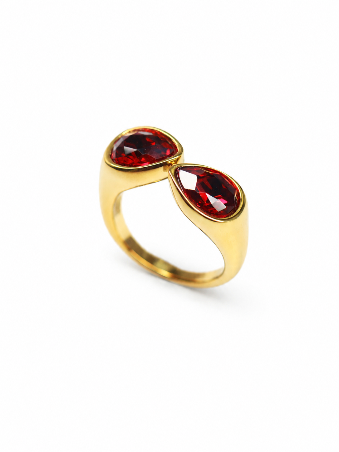 ruby red teardrop bypass ring top view