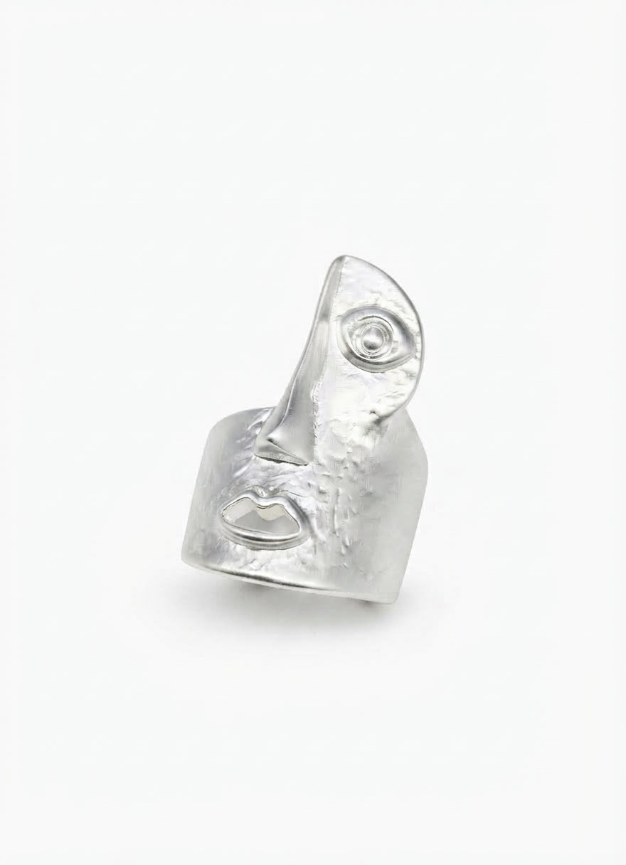 silver hammered abstract face statement ring main view