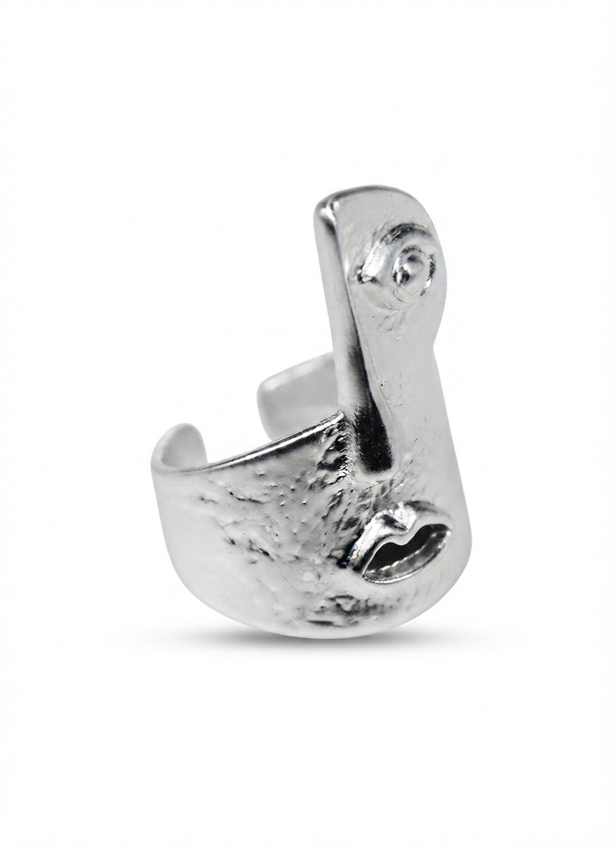 silver hammered abstract face statement ring side view