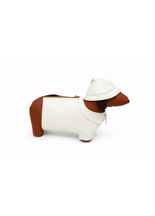 white sausage dog bag back view