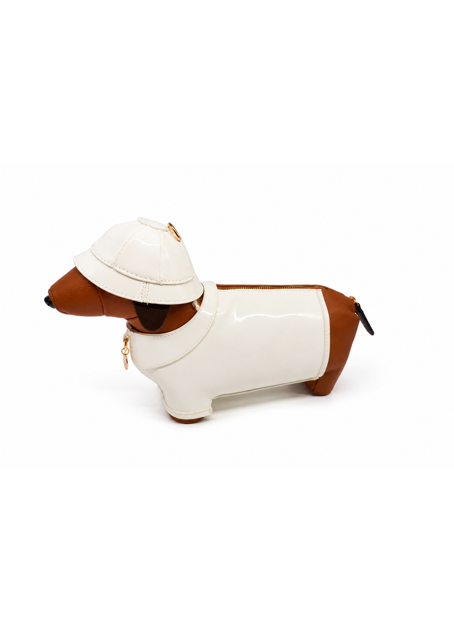 white sausage dog bag side view